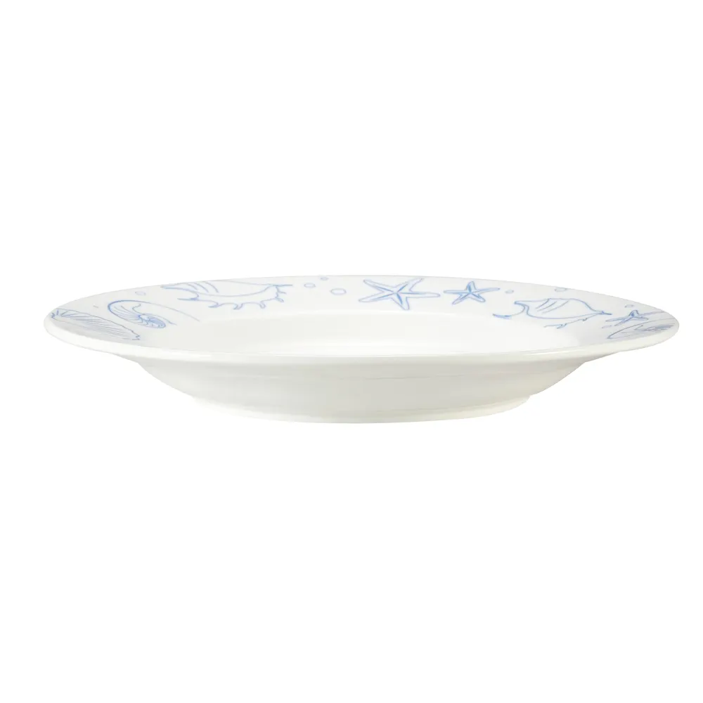 CAC China ATC-120 Seashell Pasta Bowl, 12" Diameter, 22 oz, Porcelain, Blue Rim, White - 1 Dozen