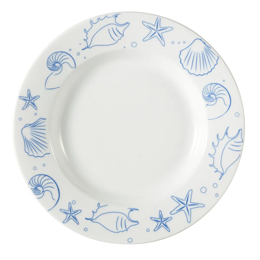 CAC China ATC-120 Seashell Pasta Bowl, 12" Diameter, 22 oz, Porcelain, Blue Rim, White - 1 Dozen