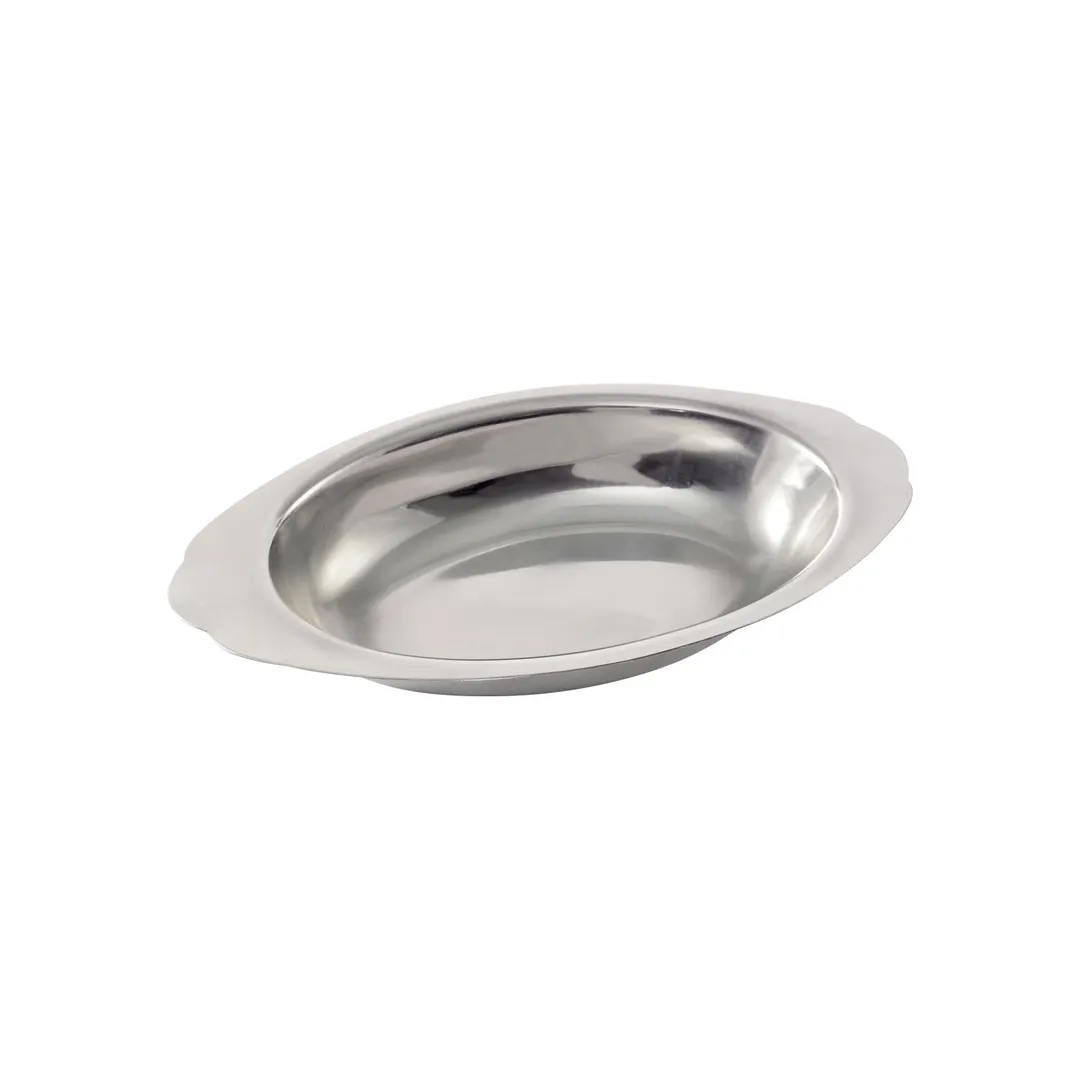 CAC China AUDS-15 Au Gratin Dish, Oval 15 Oz 15" Handles, Oven‑Safe Stainless Steel, Mirror Finish