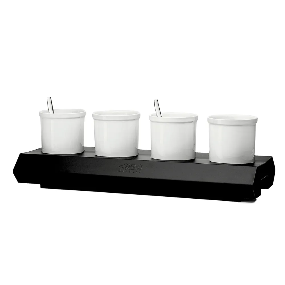 CAC China BF-PS40 Jam Sauce Pot Set, 4 Porcelain Pots 42 oz (5" Dia x 5-3/4" H) with Metal Stand 24-3/4" L x 10-1/2" W, Super White, Dishwasher Safe - Set