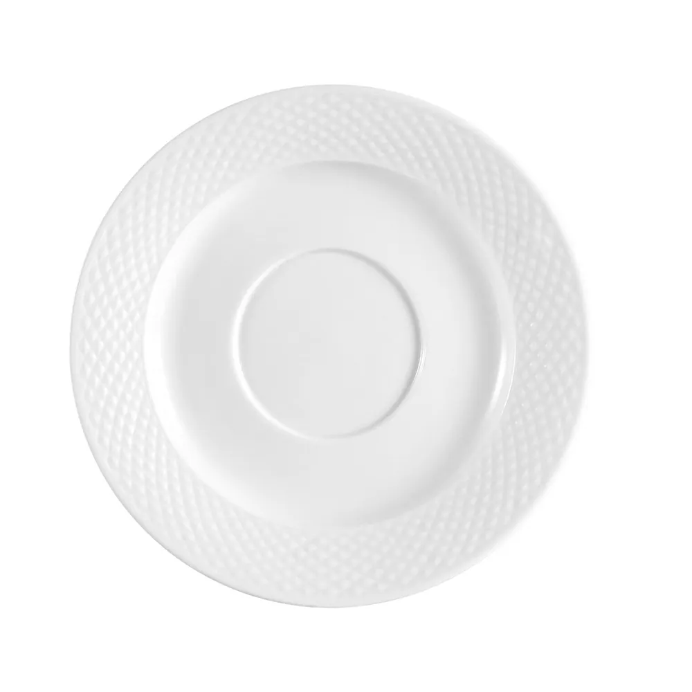 CAC China BST-2 Boston Cup Saucer, 6" Dia x ½" H Round Embossed Porcelain, Super White - 1 Dozen