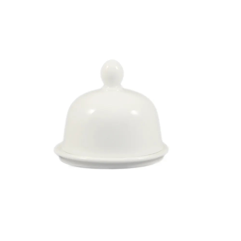 CAC China BUT-1 Butter Dish Set, 1 Oz 3‑1/2" Dia x 3" H Round Porcelain White, Dishwasher Safe - Set