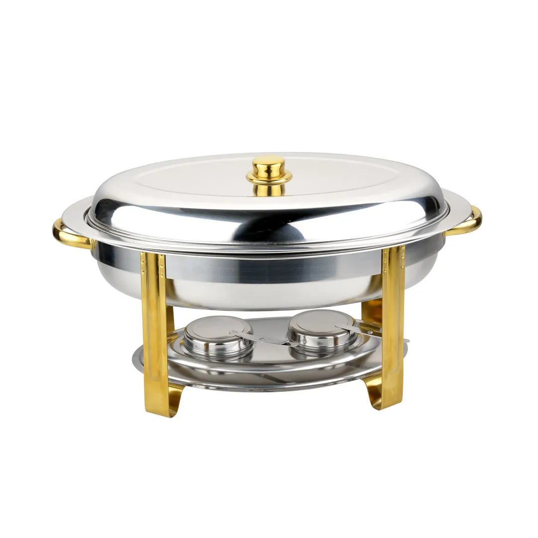 CAC China CAFR-205 Luminous Chafing Dish, 6 qt., Oval, Stainless Steel, Gold Accent Handles, Set