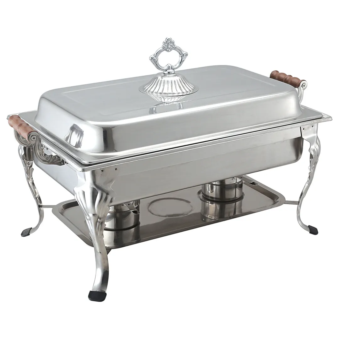 CAC China CAFR-301 Chafing Dish, 8 qt Rect SS, Lift Lid, Wood Handles, Bevel Legs - Set