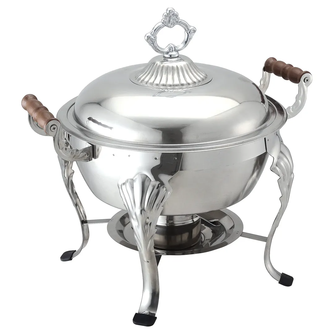 CAC China CAFR-303 Chafing Dish, 6 qt Stainless Steel, Decorative Lid, Wood Handles, Legs - Set