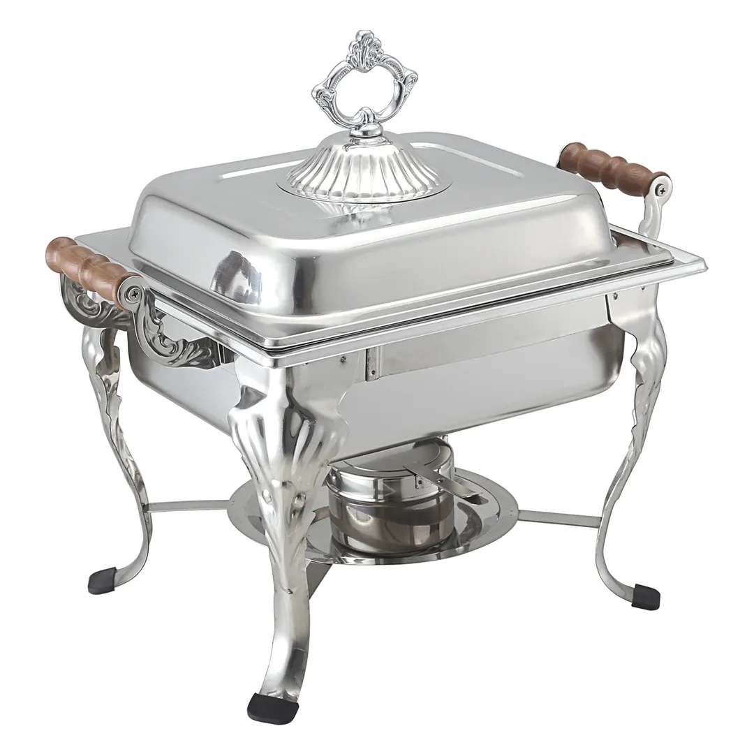 CAC China CAFR-307 Chafing Dish, 4 qt Square, Stainless Steel, Wood Handles, Lift‑Off Lid - Set