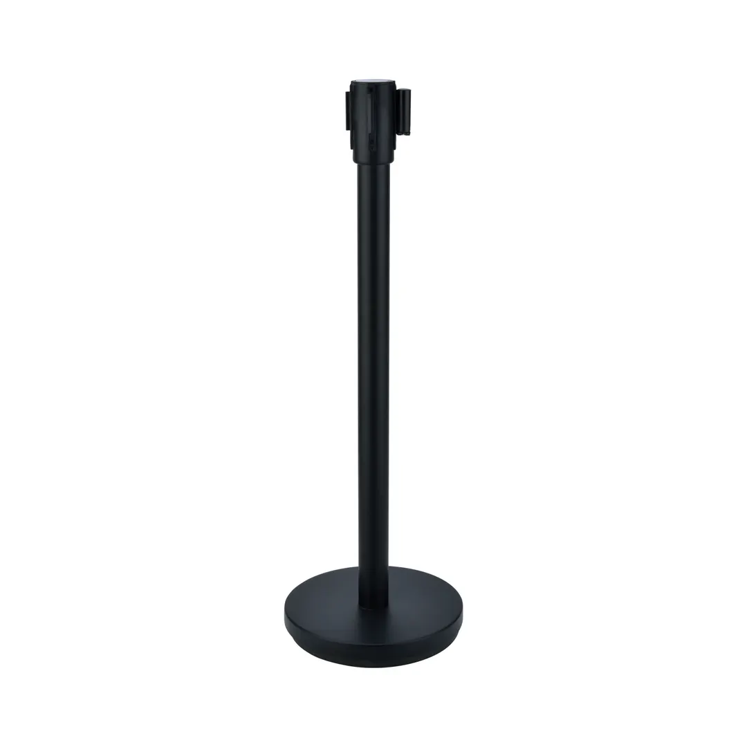 CAC China CCSC-36K - 36" Black Metal Control Stanchion with 6.5 Ft Retractable Belt, Weighted Base