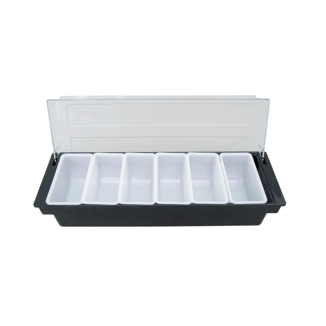 CAC China CDHL-6 6‑Compartment Condiment Bar, Ice‑Fillable Base, Black, BPA‑Free, NSF Certified