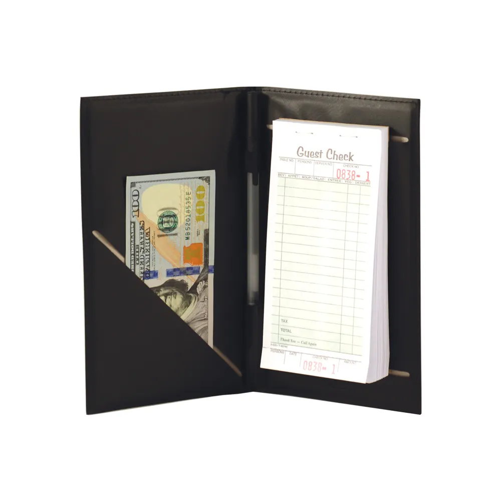 CAC China CKPR-9K Order Holder, 8-1/2" x 5-1/4" Black Check Presenter with Elastic Pen Loop