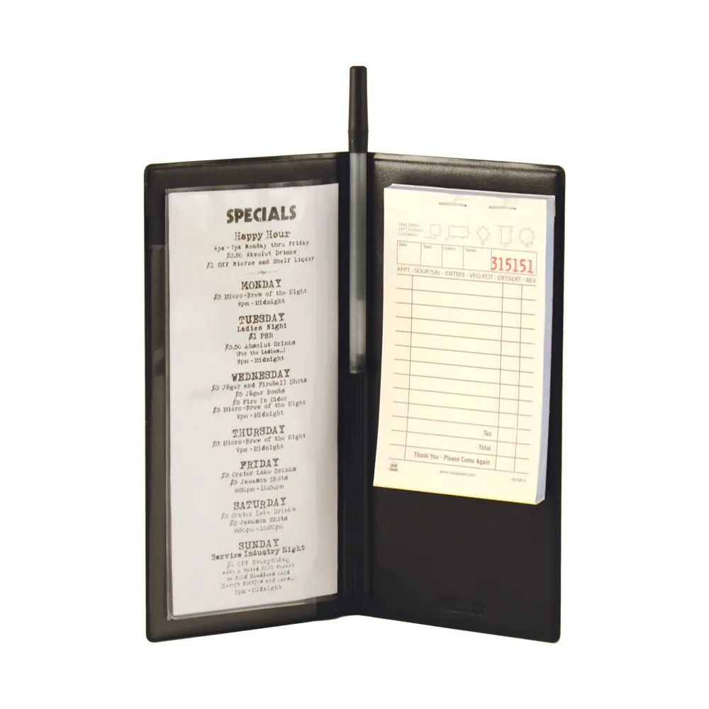 CAC China CKSV-5K Server Order Book, 9" x 4-1/2" Black Check Presenter with Four Pockets