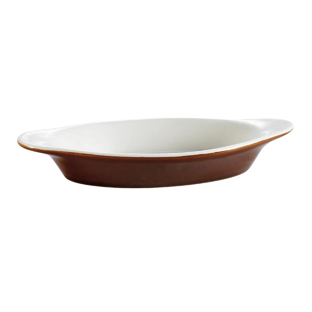 CAC China COA-8-BWN Rarebit Baking Dish, 8 oz (8‑3/4" L x 5" W x 1" H) Ceramic, Brown White - 1 Dozen