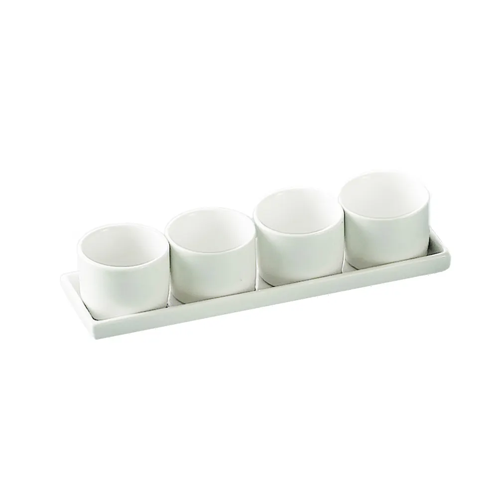 CAC China DT-SQ10 Tray & Bowl Set, 4 Porcelain Bowls 2" Ø, 9" Tray, White, Dishwasher Safe - Set