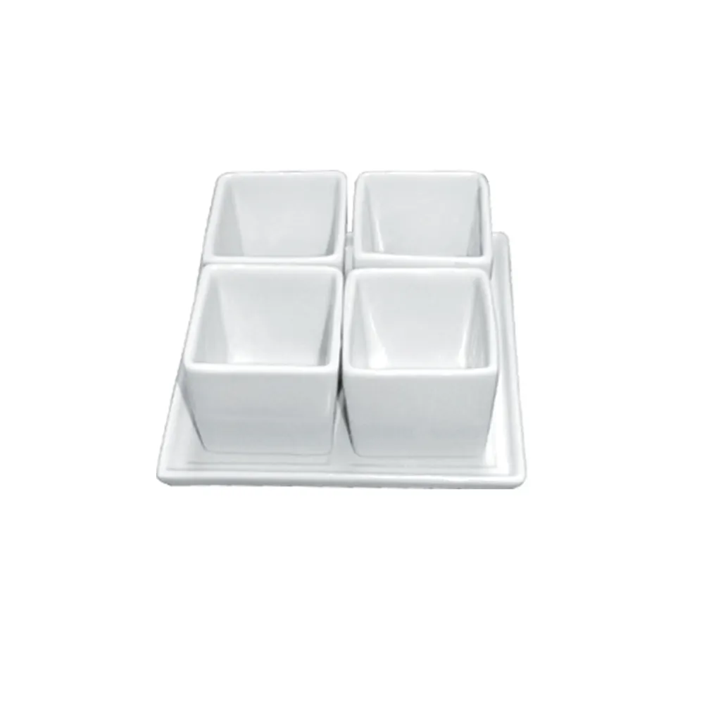 CAC China DT‑SQ4 Bowl Set with 4 2‑oz 2"×2" Bowls and 5"×5"×0.5" Tray, White, Dishwasher Safe - Set