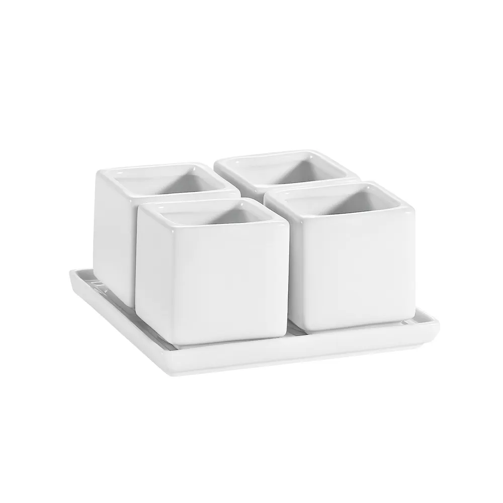 CAC China DT-SQ5 Square Bowl Set, 4 Porcelain Bowls 2" Dia x 2.5" H, Tray, Dishwasher Safe - Set