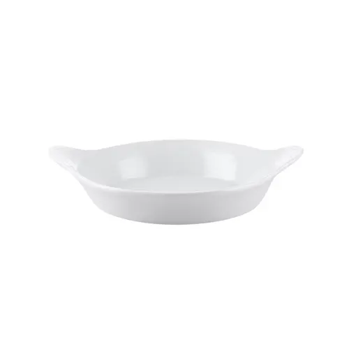 CAC China FHD-14 Round Au Gratin Dish, 106 oz, Super White Porcelain, French Handles, Dishwasher Safe