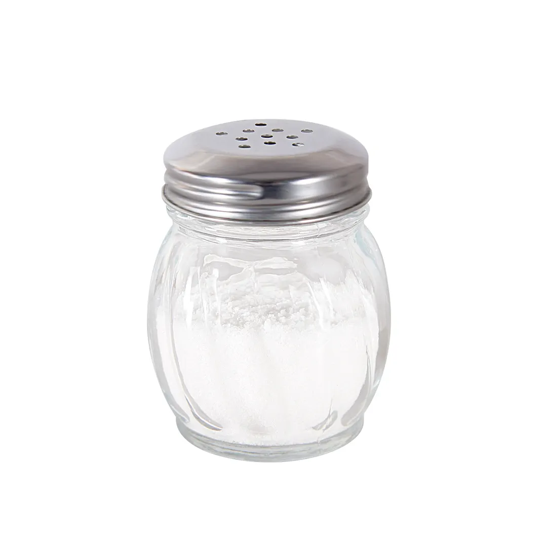 CAC China G5CS-6P Cheese Spice Shaker, 6‑9 oz Lead‑Free Glass Jar, Metal Perforated Lid, No Handle - 1 Dozen