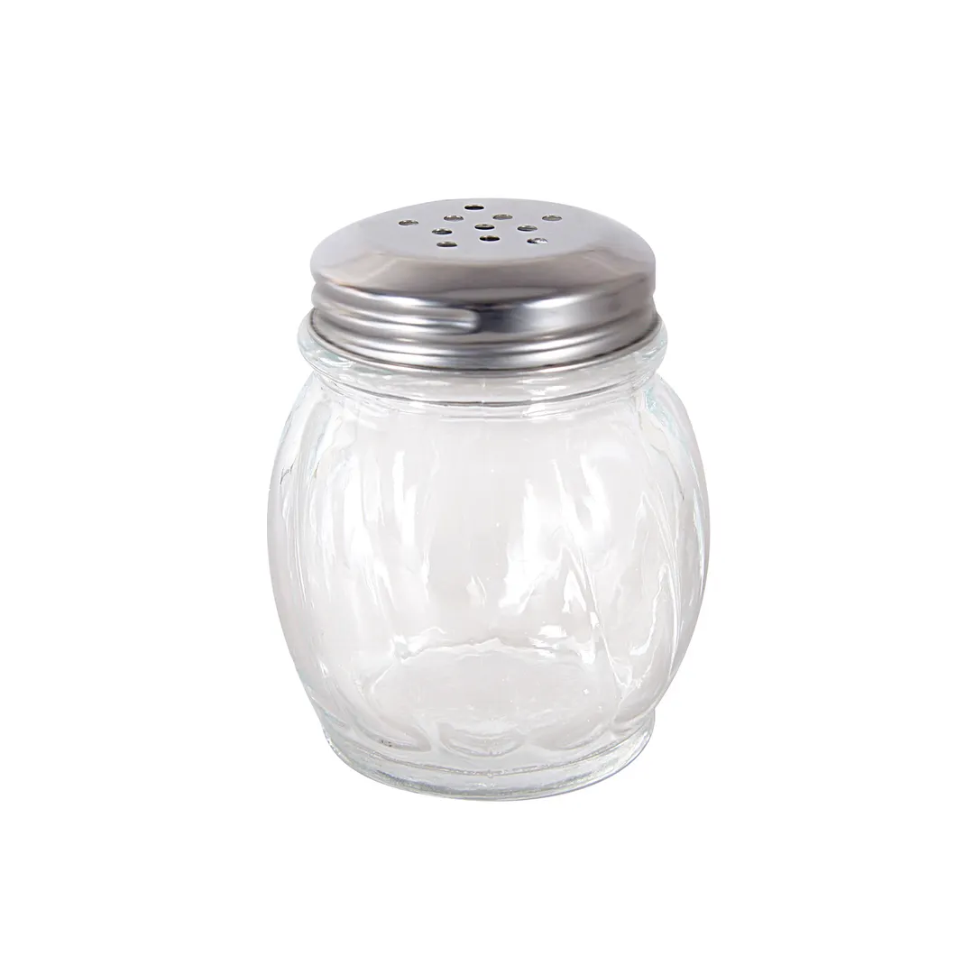 CAC China G5CS-6P Cheese Spice Shaker, 6‑9 oz Lead‑Free Glass Jar, Metal Perforated Lid, No Handle - 1 Dozen