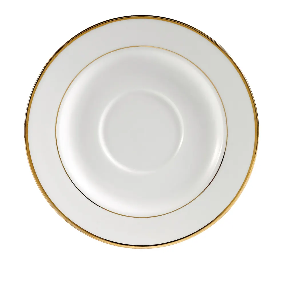 CAC China GRY-2 Round Saucer, 5-3/4" Dia x 3/4" H, Porcelain, Gold Band Super White Finish - 1 Dozen