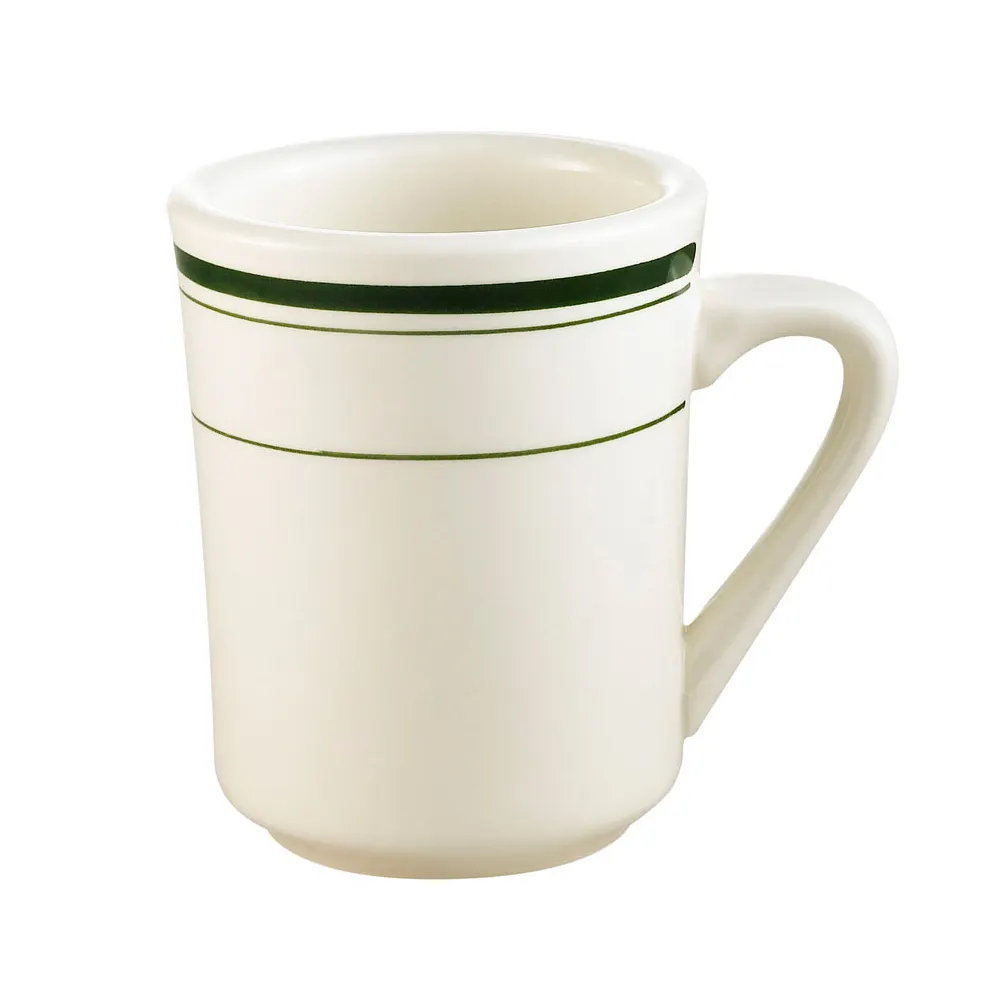 CAC China GS-17 Greenbrier Ventura 8‑oz Mug, 3.125" Dia x 4" H, Ceramic, Green Band/White - 1 Dozen