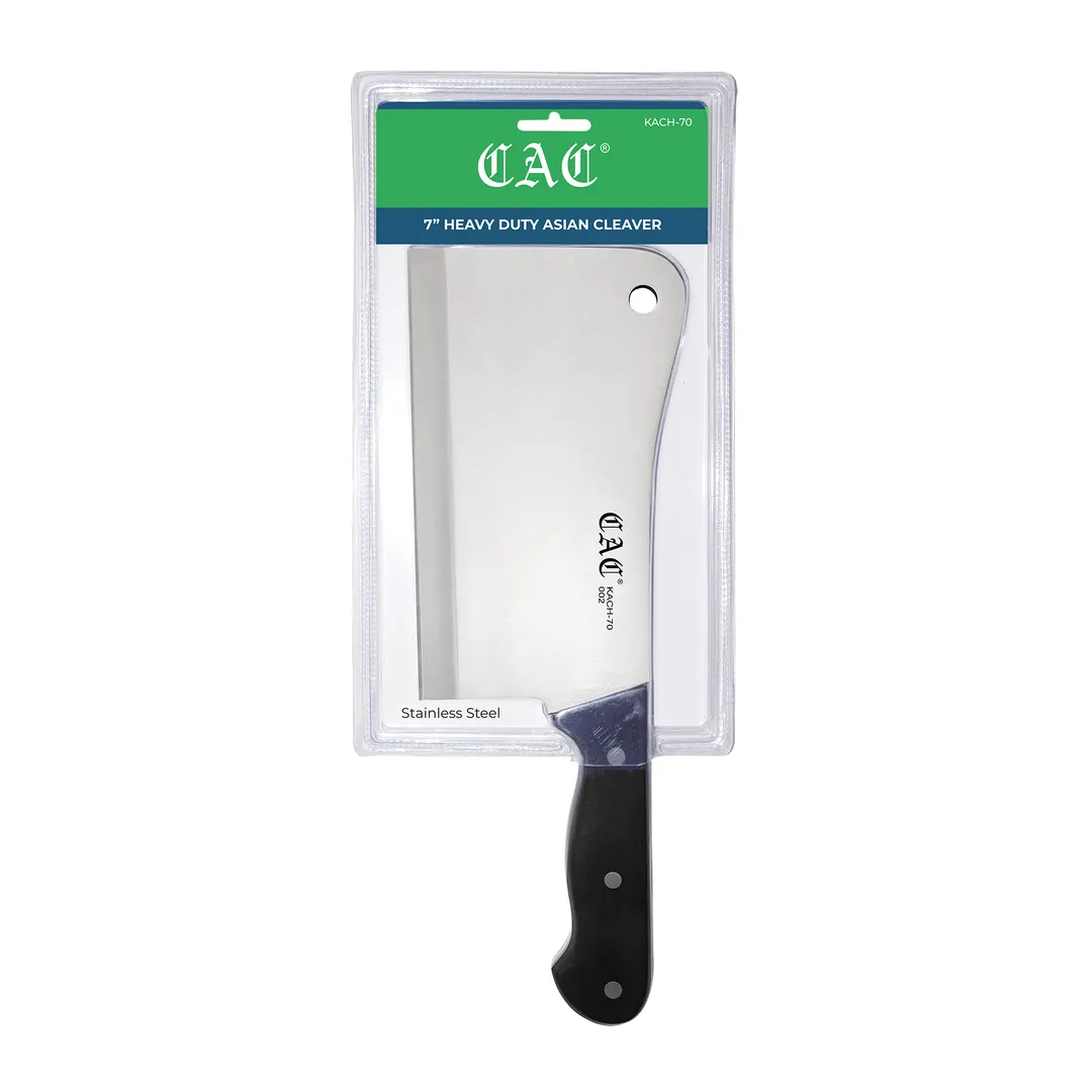 CAC China KACH-70 Asian Cleaver Knife, 7" High-Carbon Steel Blade, Black Handle