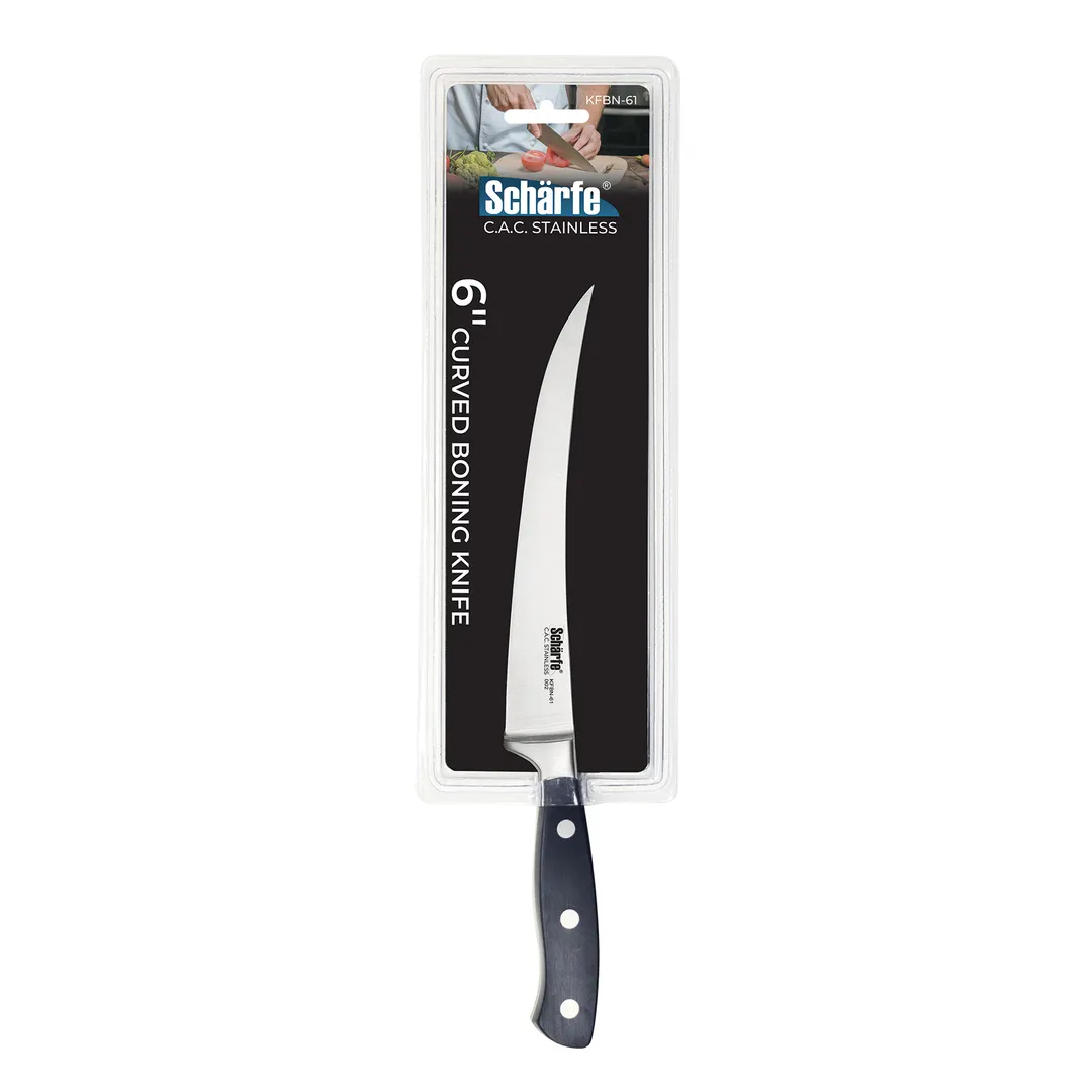 CAC China KFBN-61 Scharfe Boning Knife, 6" Curved Blade, High-Carbon Steel, Black Handle