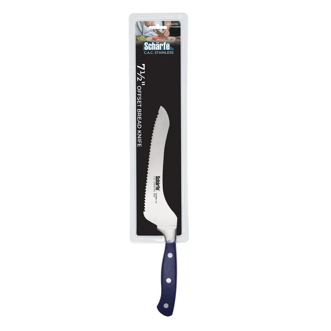 CAC China KFBR-75 Scharfe Bread Knife, 7-1/2" Offset, Forged, Tang, High-Carbon Steel, Black Handle