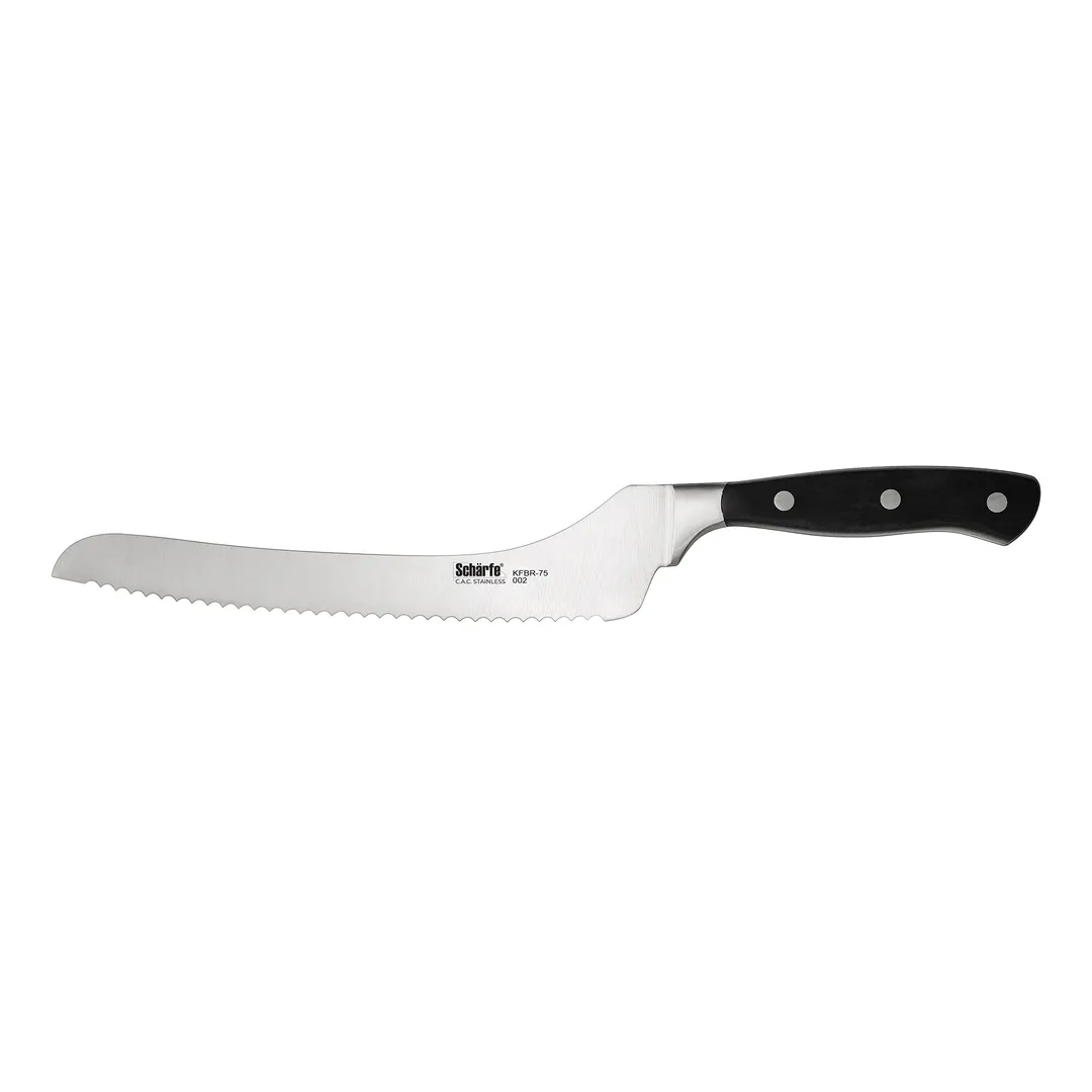 CAC China KFBR-75 Scharfe Bread Knife, 7-1/2" Offset, Forged, Tang, High-Carbon Steel, Black Handle