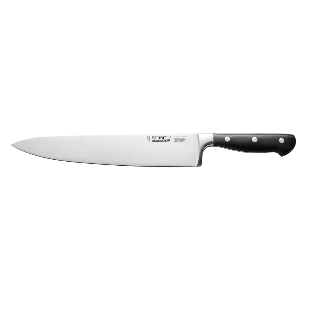 CAC China KFCC-G100 Schnell Chef Knife, 10" Forged Tang, Carbon Steel, Ice-Tempered, Black Handle