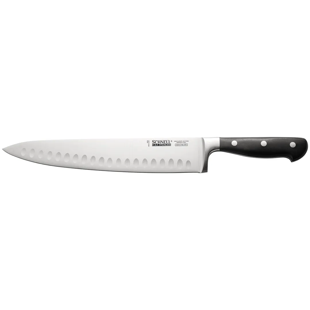 CAC China KFCC-G101 Chef Knife, 10" Granton Edge, Forged Tang, Carbon Steel, Black Handle