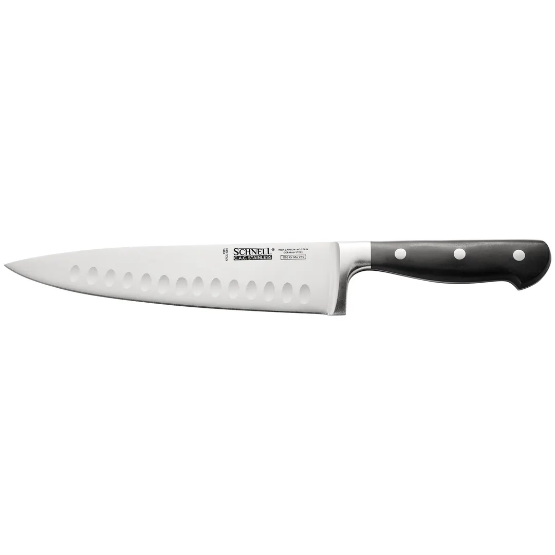 CAC China KFCC-G81 Chef Knife, 8" Granton Edge, Forged Tang, High-Carbon Steel, Black Handle