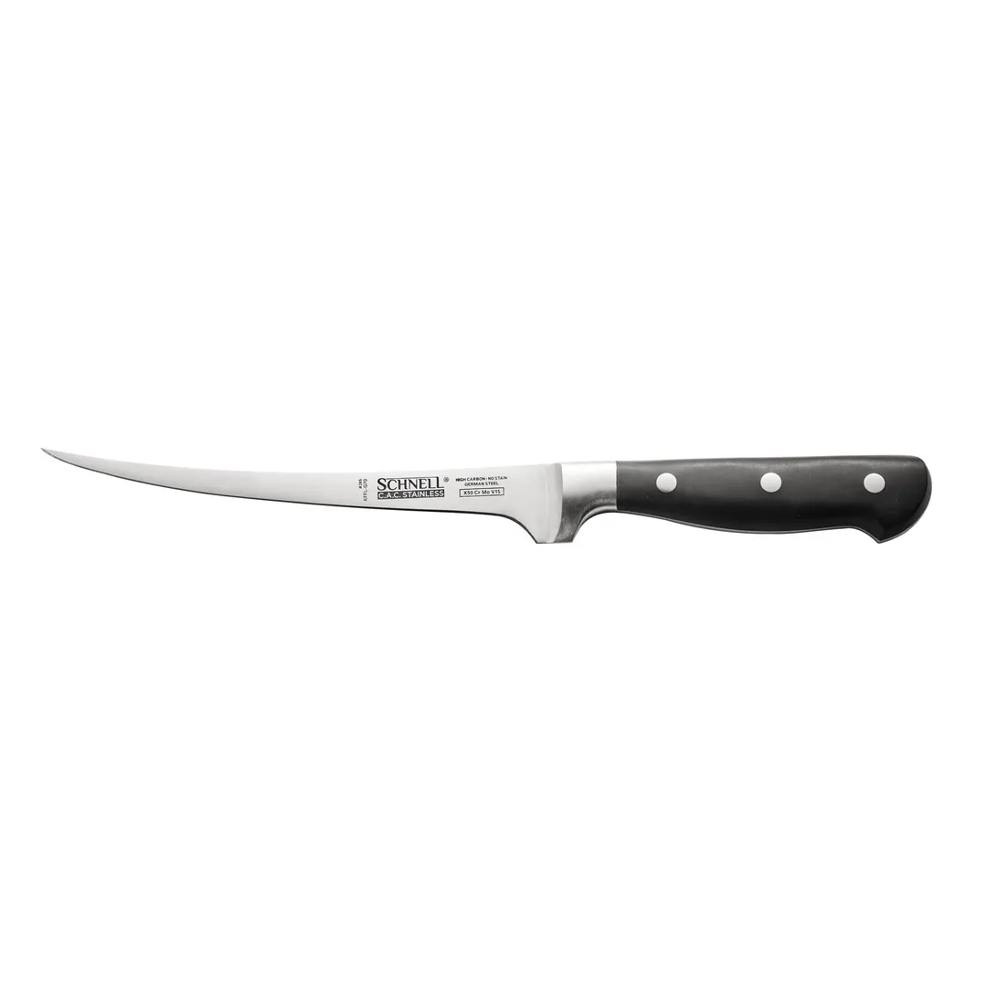 CAC China KFFL-G70 Schnell Fillet Knife, 7-1/4" Flexible, Forged, Carbon Steel Blade, Black Handle