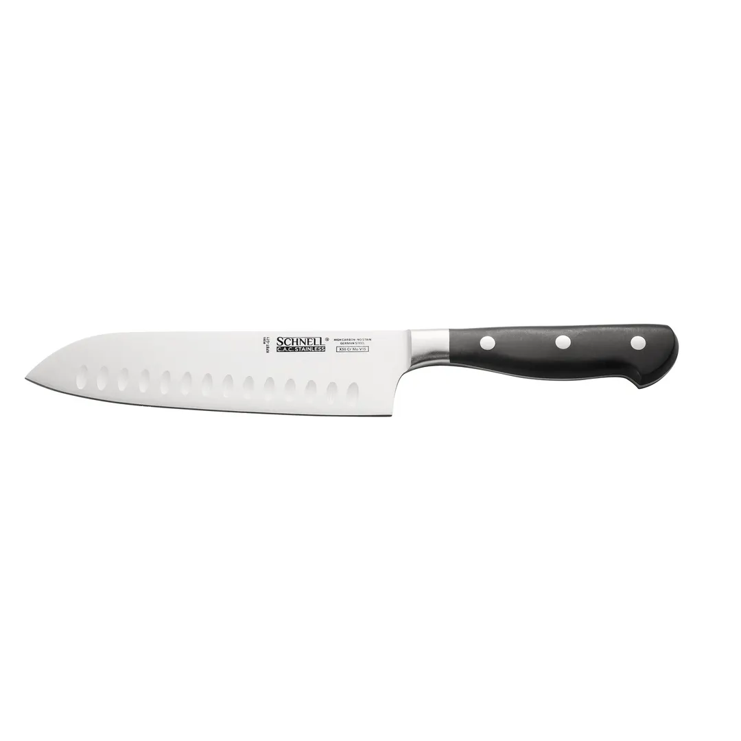 CAC China KFST-G71 Santoku Knife - 7-1/4" High-Carbon Steel Blade, Ice-Tempered, Black Handle