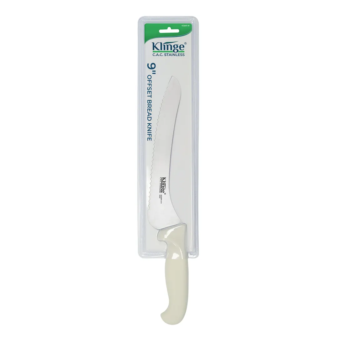 CAC China KSBR-91 Klinge Bread Knife, 9", Offset, Stamped, German High-Carbon Steel, White Handle