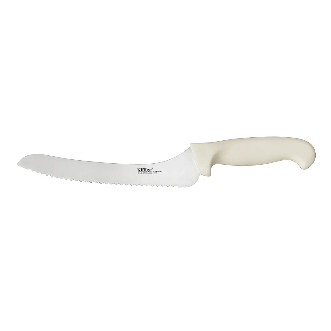 CAC China KSBR-91 Klinge Bread Knife, 9", Offset, Stamped, German High-Carbon Steel, White Handle