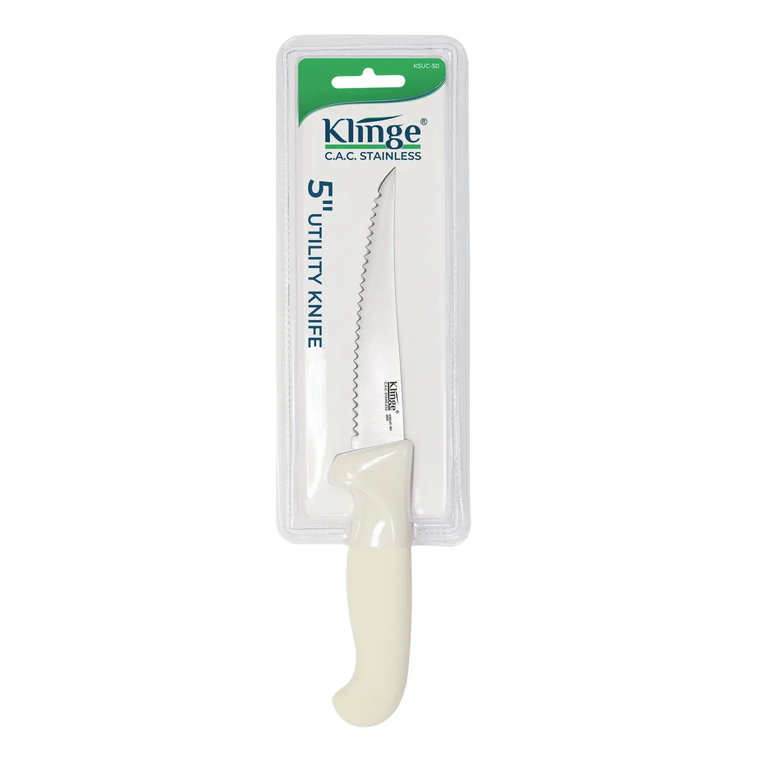 CAC China KSUC-50 Utility Knife, 5" Blade, Stamped, German High-Carbon Steel, White Handle