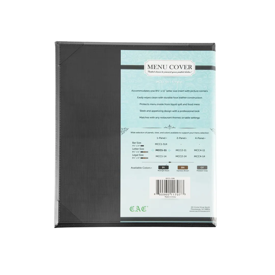 CAC China MCC1-11BK Menu Cover - 1-Panel Letter Size 8"5 x 11" Faux Leather Black Booklet