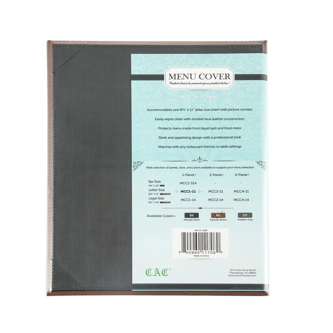 CAC China MCC1-11BN Menu Cover, 1-Panel Letter Size, 8.5" x 11", Faux Leather, Brown