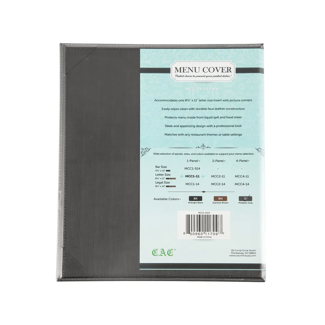 CAC China MCC1-11GY Menu Cover, 1-Panel Letter Size 8½" x 11", Faux Leather Gray Booklet Style