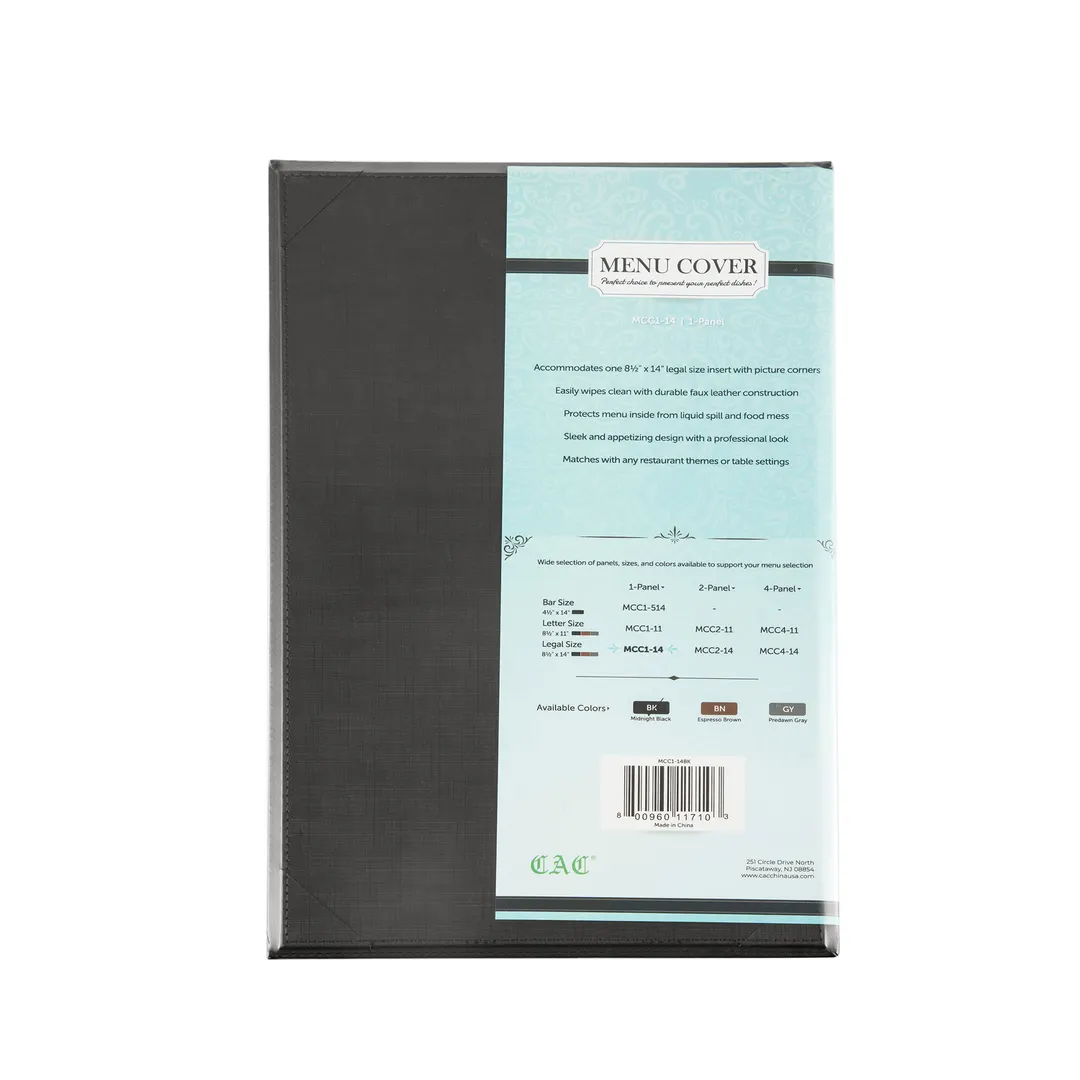 CAC China MCC1-14BK Menu Cover - 8-1/2" x 14" Legal Size Faux Leather Black Booklet Style