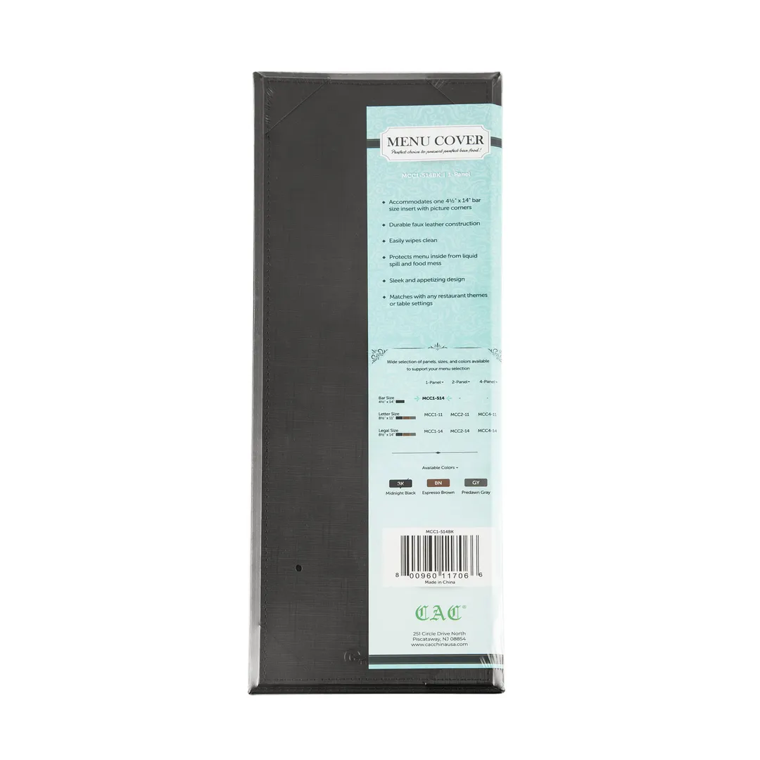 CAC China MCC1-514BK Menu Cover, 1-Panel Bar Size Booklet, 4-1/2" x 14", Faux Leather Black