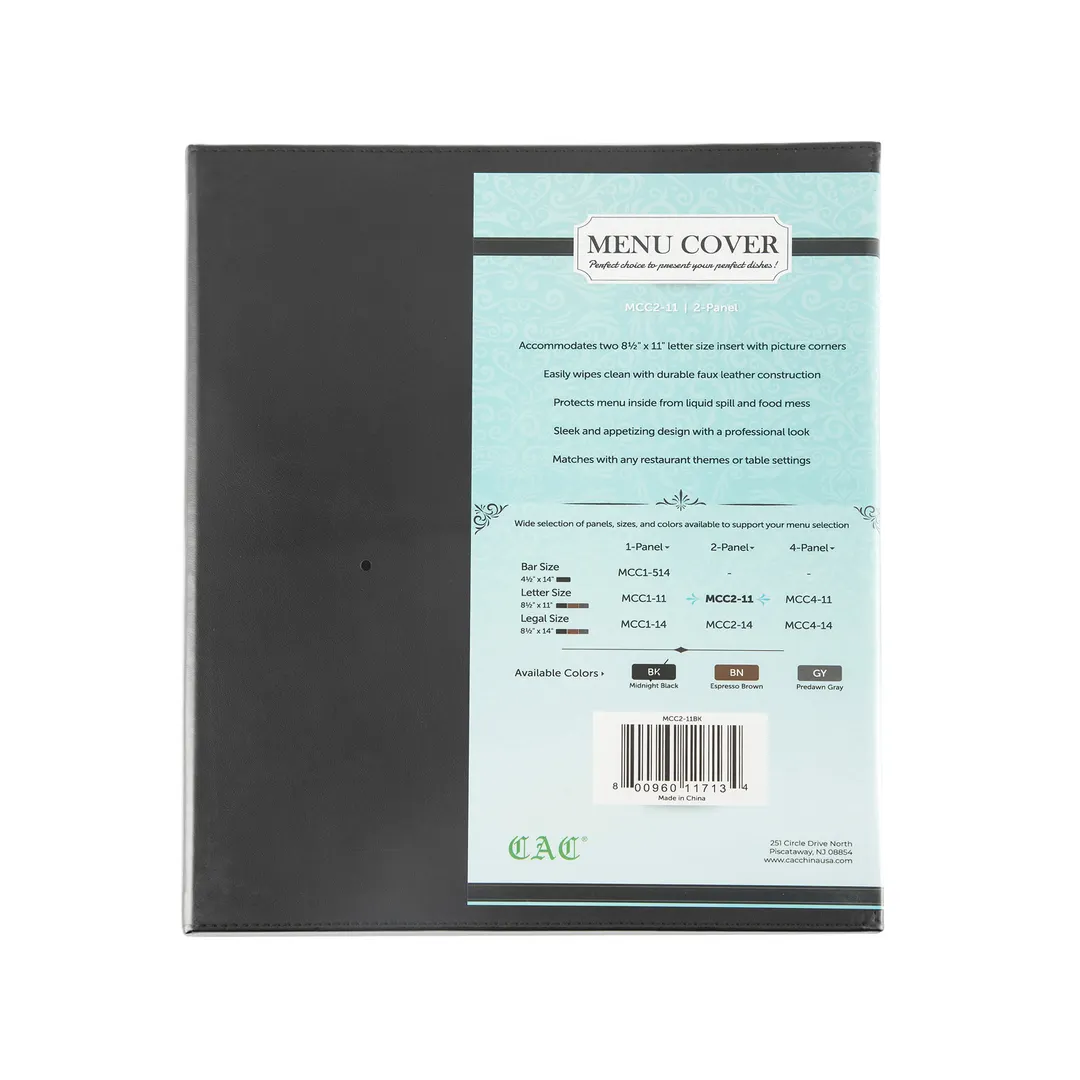 CAC China MCC2-11BK Menu Cover - 2‑Panel Letter Size 8‑1/2" x 11" Faux Leather Black Booklet