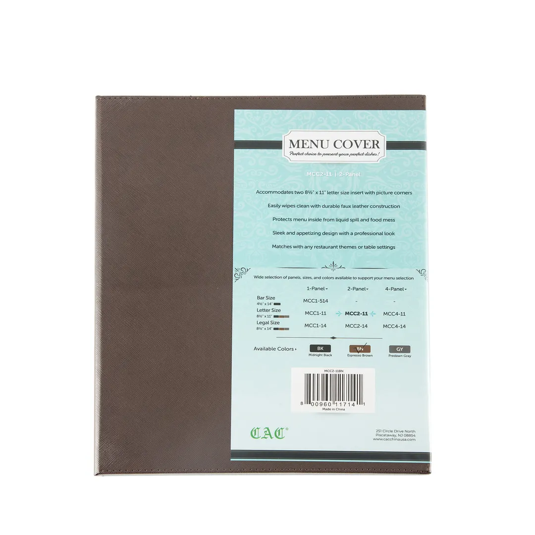 CAC China MCC2-11BN Menu Cover, 2‑Panel Letter Size 8"5 x 11" Faux Leather Booklet, Brown