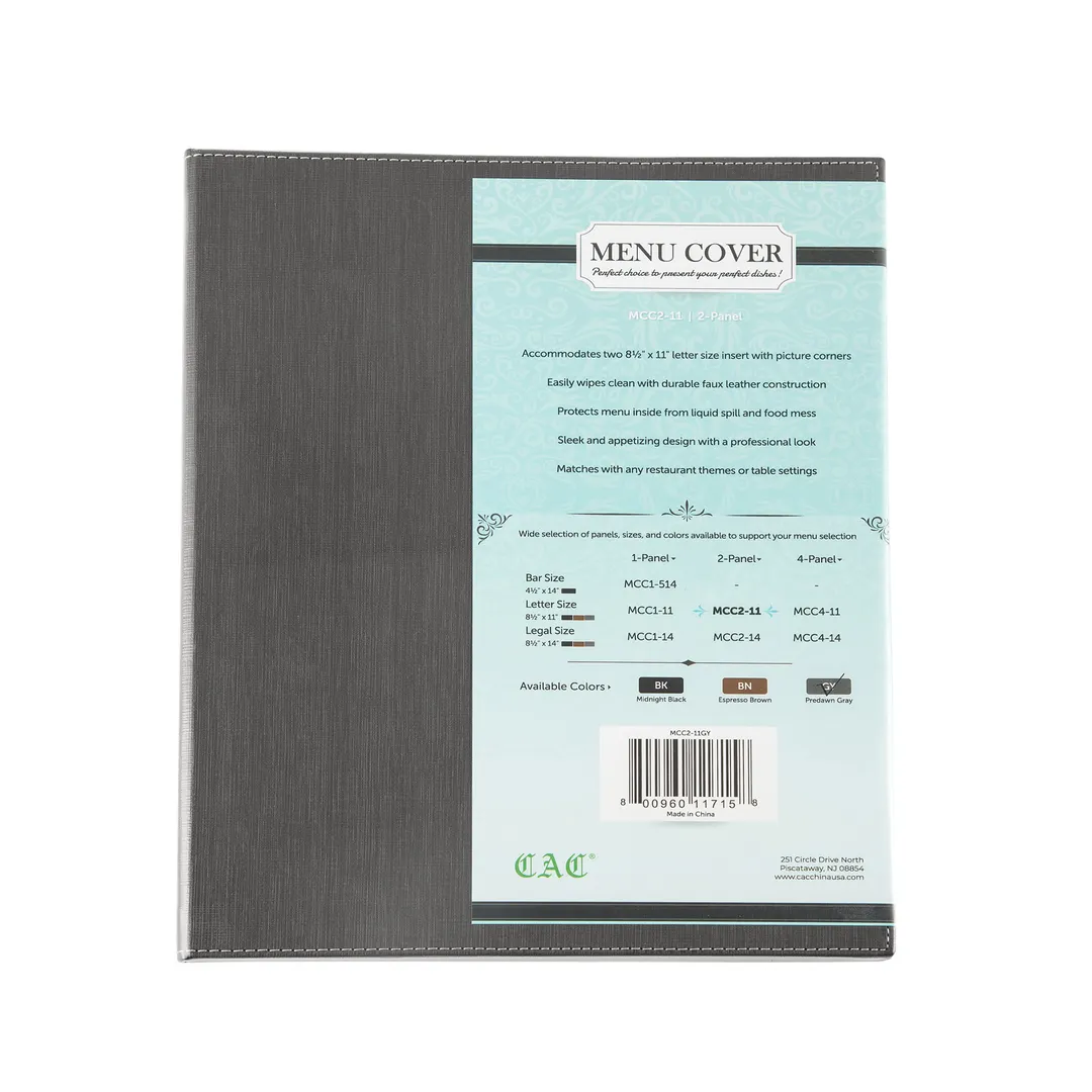 CAC China MCC2-11GY Menu Cover, 2‑Panel Letter Size 8"5 x 11", Faux Leather Gray Booklet Style