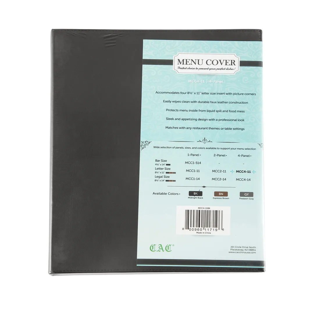 CAC China MCC4-11BK Menu Cover - 4‑Panel Letter Size 8"5 x 11" Faux Leather Black Booklet