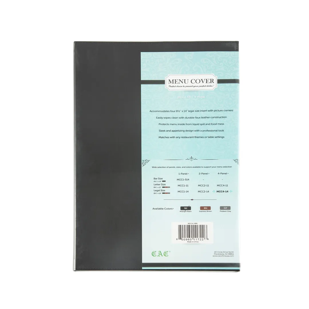 CAC China MCC4-14BK Menu Cover - 4‑Panel Legal Size 8‑1/2" x 14" Faux Leather Black Booklet