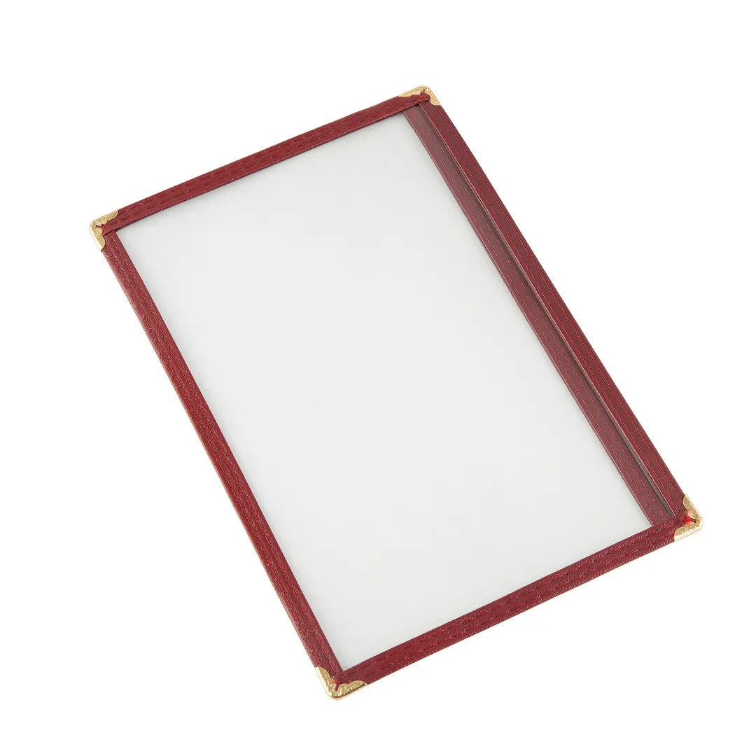 CAC China MCP1-58BY Menu Cover, 1-Pocket Vinyl, 8-1/2" x 5-1/2" Double-Sided, Brass Corners, Burgundy Trim