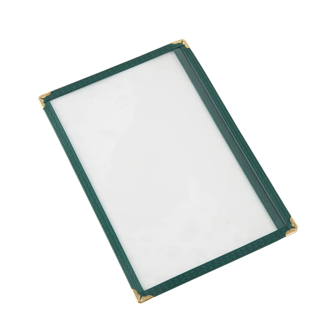 CAC China MCP1-58GN Menu Cover, 1-Pocket Vinyl, 8-1/2" x 5-1/2" Clear View, Brass Corners, Green Trim