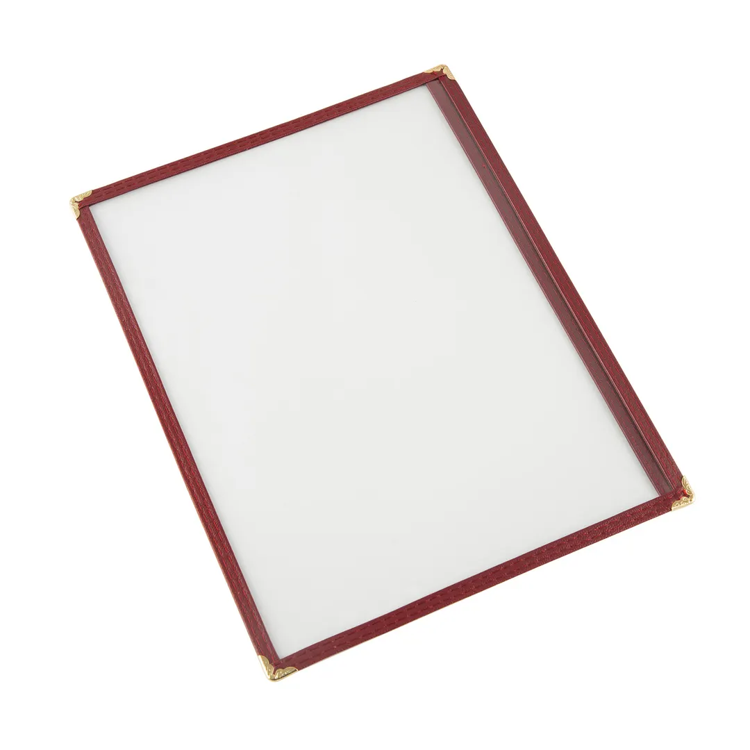 CAC China MCP1-911BY Menu Cover, 1-Pocket Vinyl, 8-1/2" x 11" Size, Brass Corners, Burgundy Trim