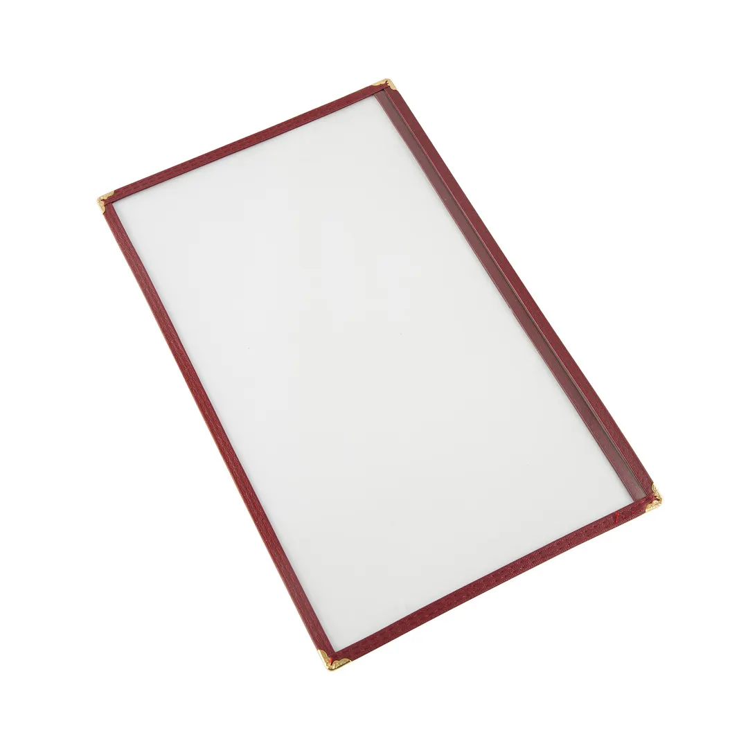 CAC China MCP1-914BY Menu Cover - 8-1/2" x 14" Vinyl Booklet, Brass Corners, Clear View, Legal Insert