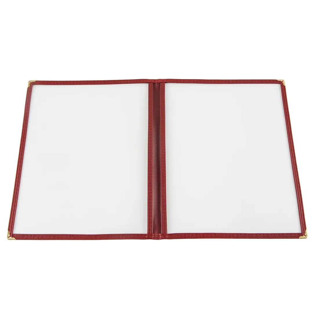 CAC China MCP2-911BY Menu Cover, 2-Pocket, 8-1/2" x 11", Clear View, Brass Corners, Burgundy Trim